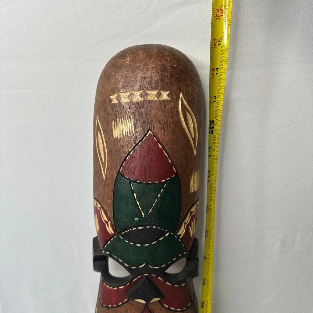 Hand Carved Wooden African Tribal Mask Wall Decor Hand Painted Folk Art 16 Inch